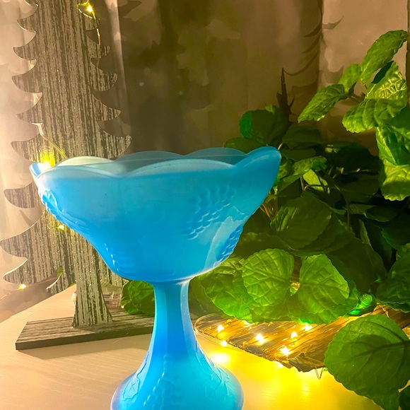 VTG  INDIANA Glass Satin Blue Turquoise Harvest Mist Compote - Picture 4 of 5